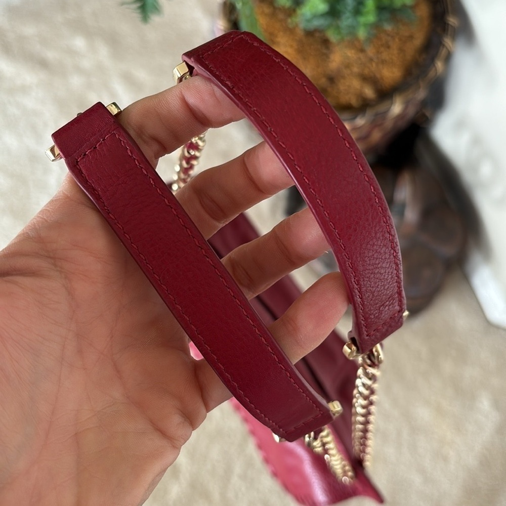 Tory Burch Genuine Leather Red Saddle Bag Gold Tone Chain Woven Shoulder Purse - Picture 10 of 16